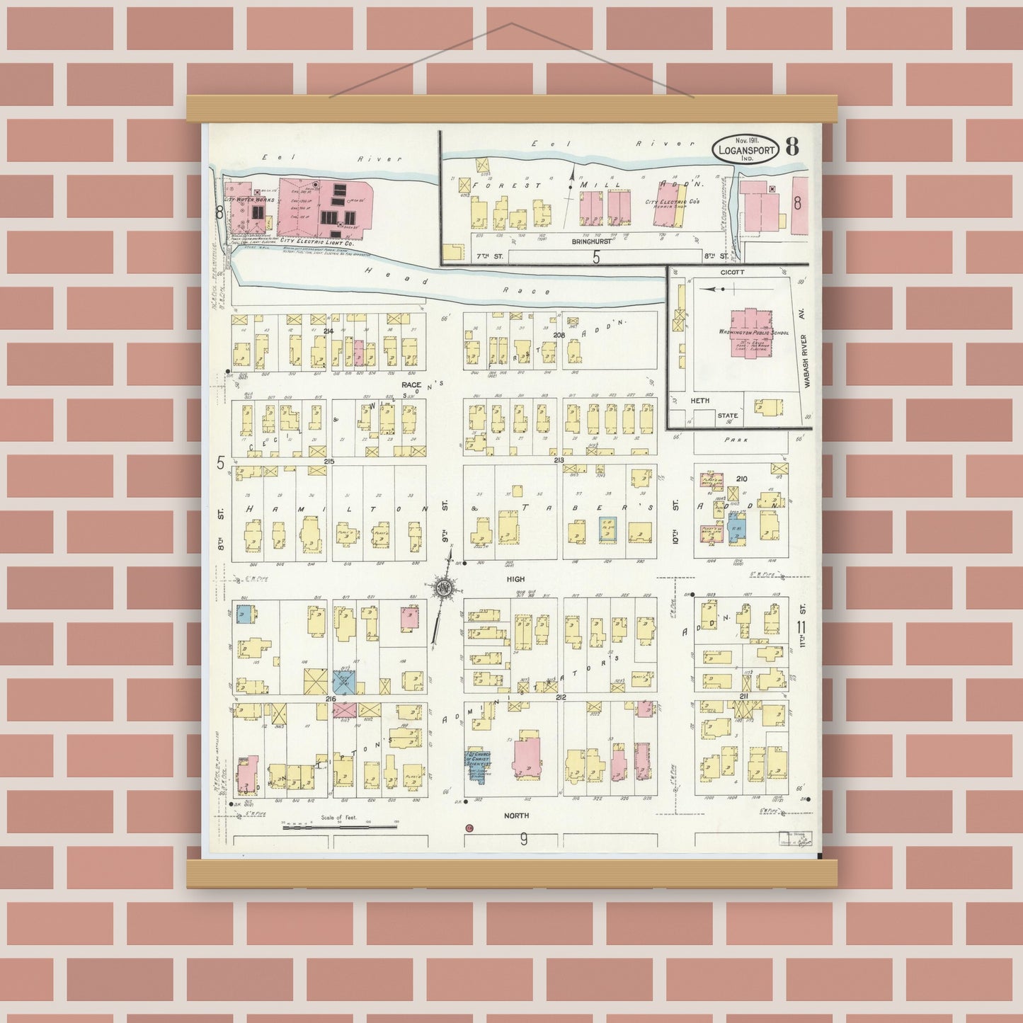 Old map wall art mockup — magnetic wood frame on brick wall — Sanborn Fire Insurance Map from Logansport, Cass County, Indiana (1911), Sheet #0008