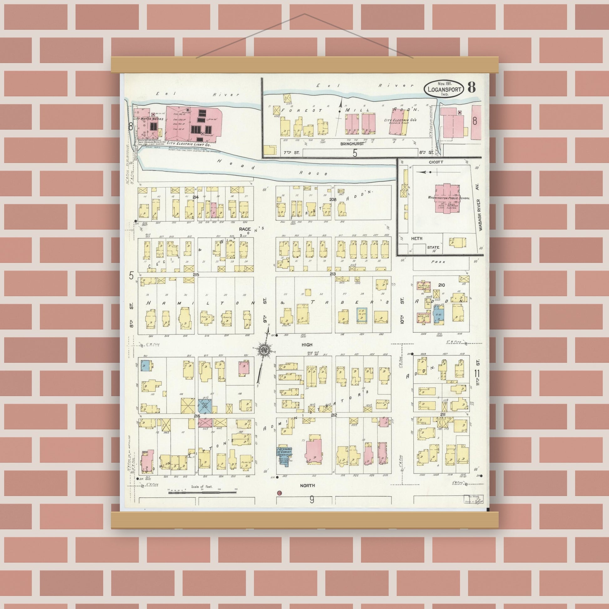 Old map wall art mockup — magnetic wood frame on brick wall — Sanborn Fire Insurance Map from Logansport, Cass County, Indiana (1911), Sheet #0008
