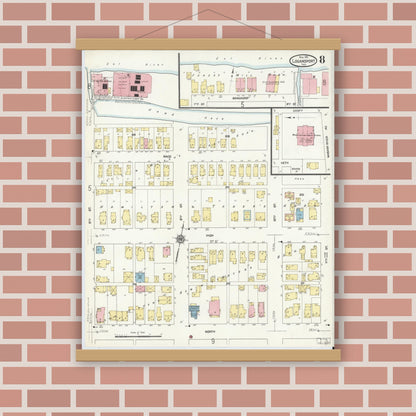 Old map wall art mockup — magnetic wood frame on brick wall — Sanborn Fire Insurance Map from Logansport, Cass County, Indiana (1911), Sheet #0008