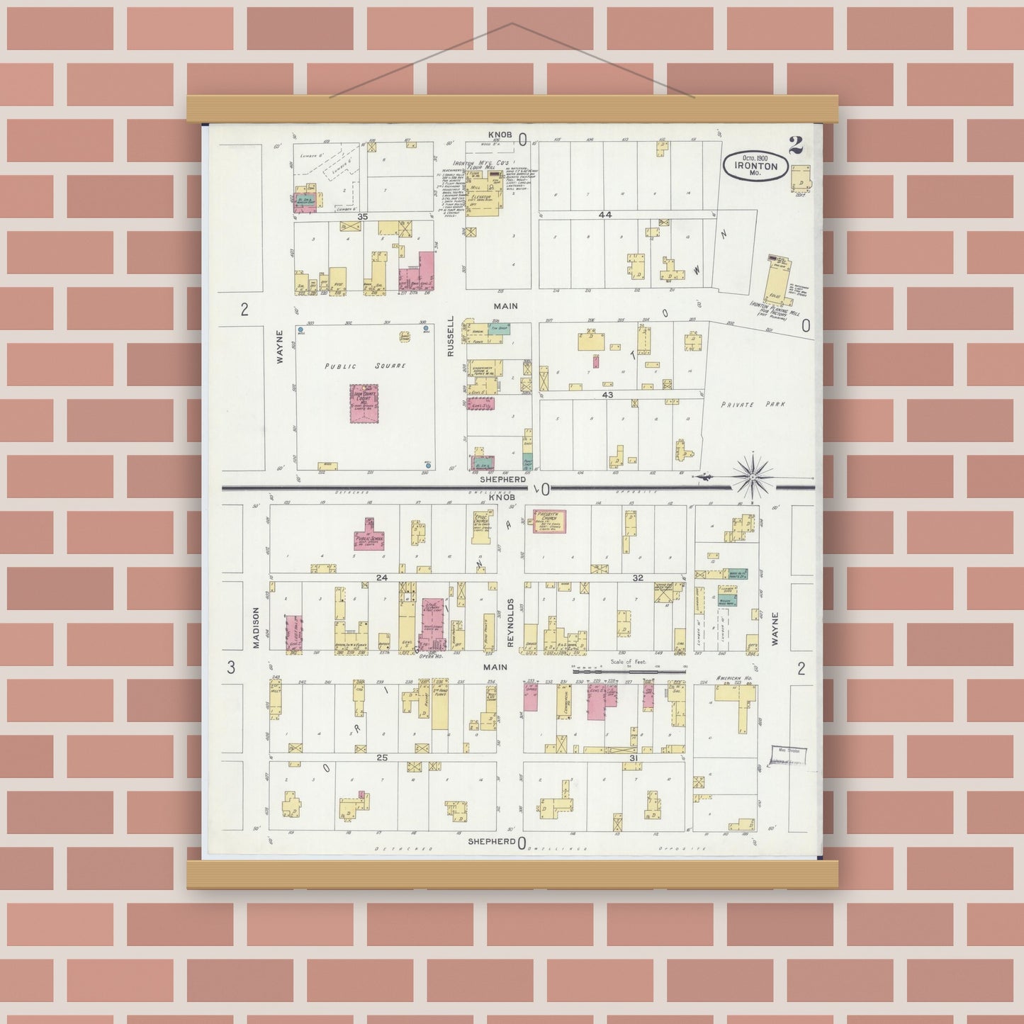 Old map wall art mockup — magnetic wood frame on brick wall — Sanborn Fire Insurance Map from Ironton, Iron County, Missouri (1900), Sheet #0002