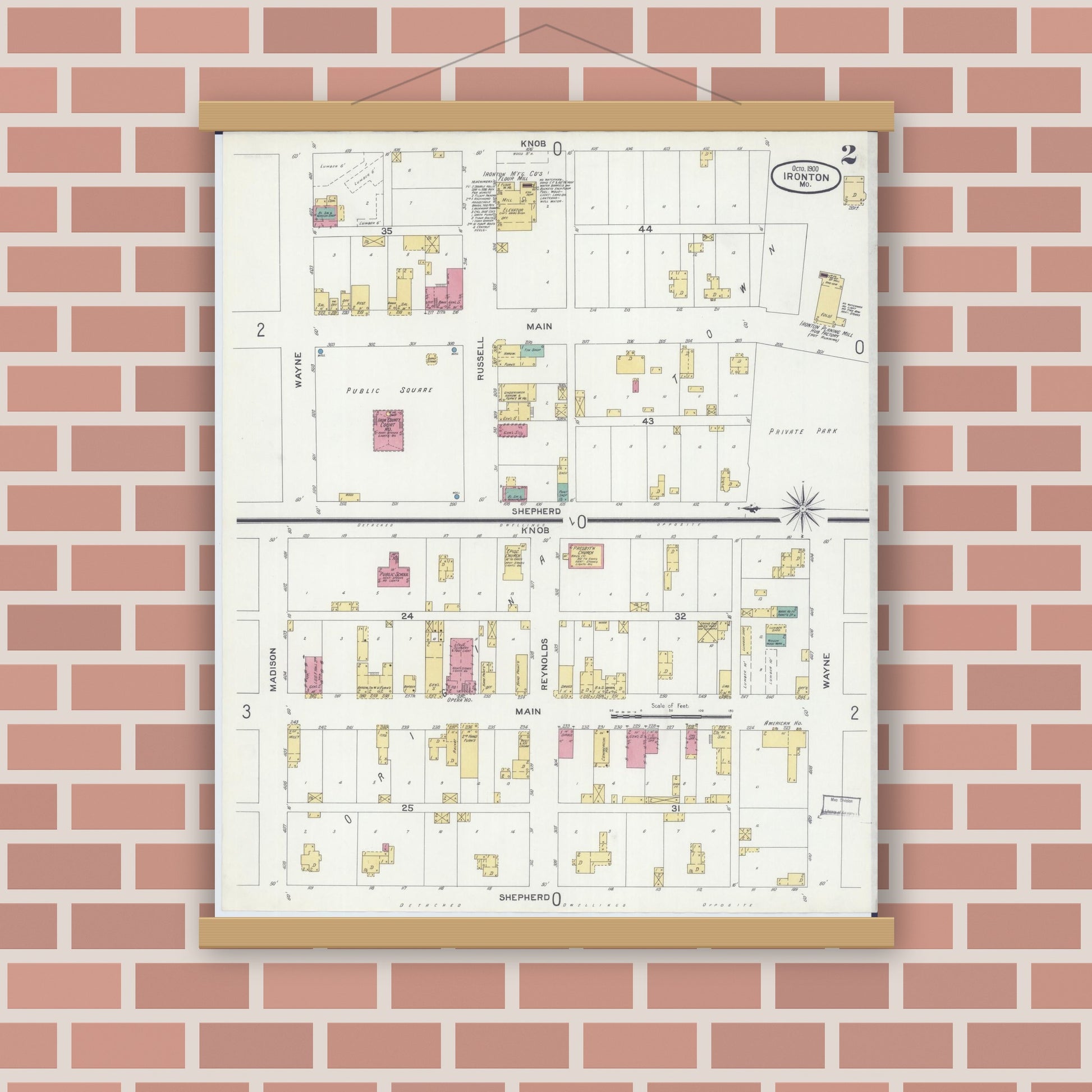 Old map wall art mockup — magnetic wood frame on brick wall — Sanborn Fire Insurance Map from Ironton, Iron County, Missouri (1900), Sheet #0002
