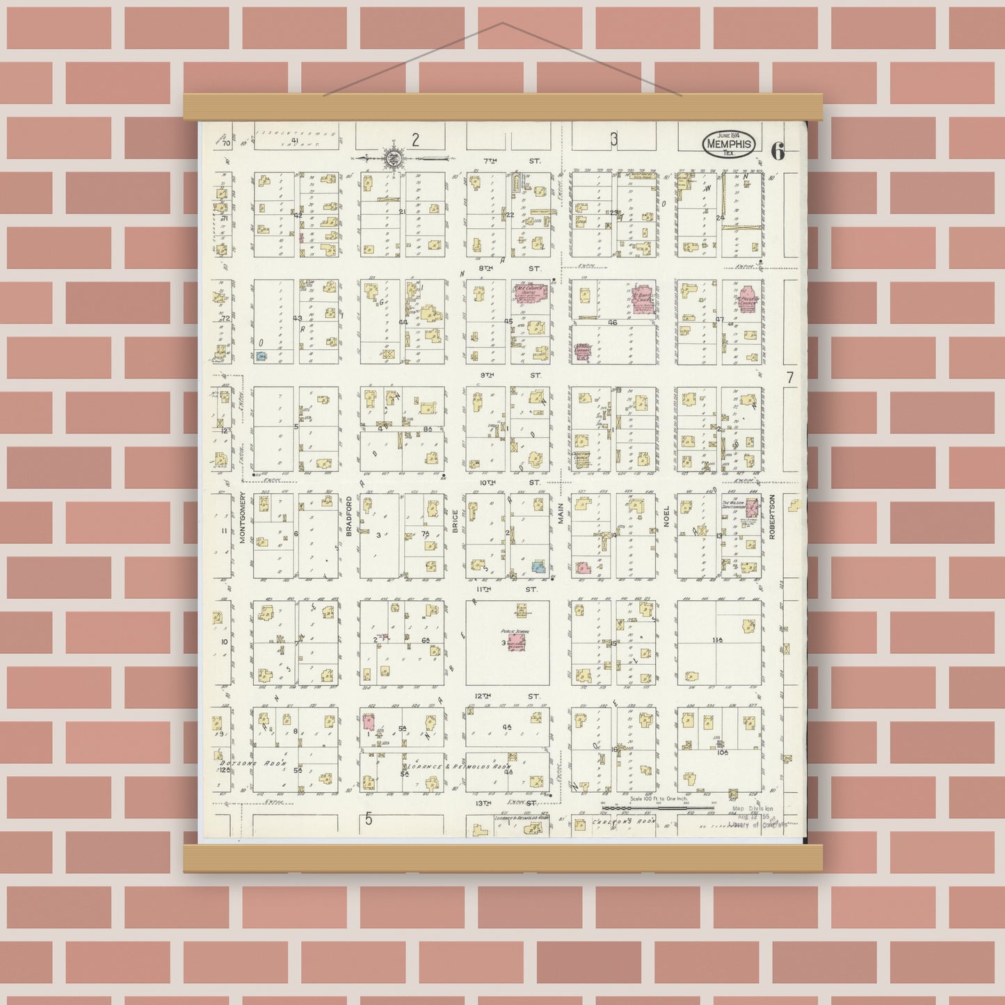 Old map wall art mockup — magnetic wood frame on brick wall — Sanborn Fire Insurance Map from Memphis, Hall County, Texas (1914), Sheet #0006