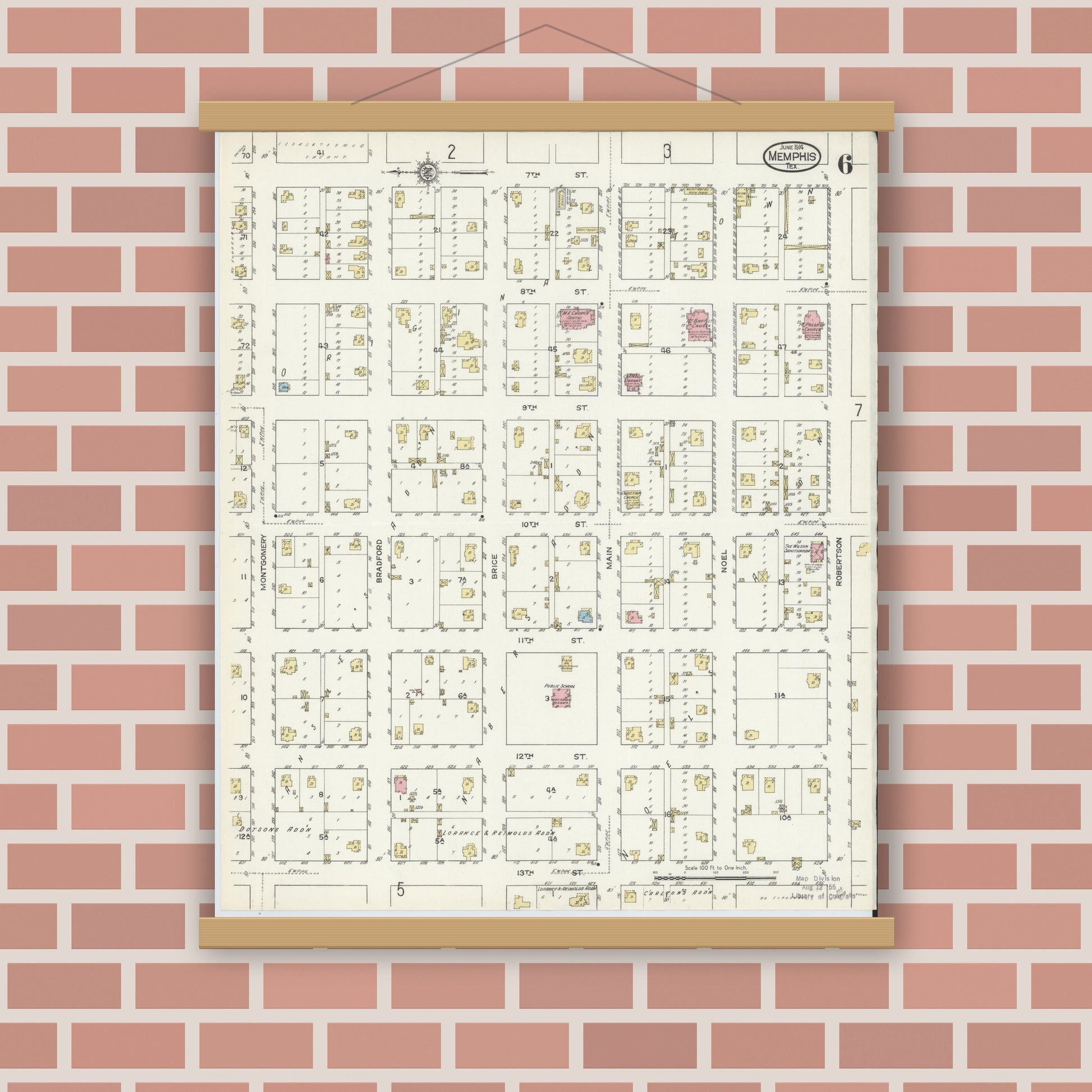 Old map wall art mockup — magnetic wood frame on brick wall — Sanborn Fire Insurance Map from Memphis, Hall County, Texas (1914), Sheet #0006