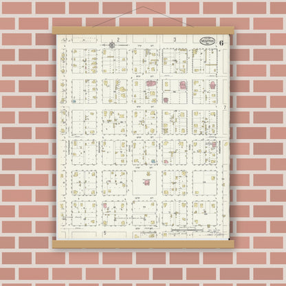 Old map wall art mockup — magnetic wood frame on brick wall — Sanborn Fire Insurance Map from Memphis, Hall County, Texas (1914), Sheet #0006