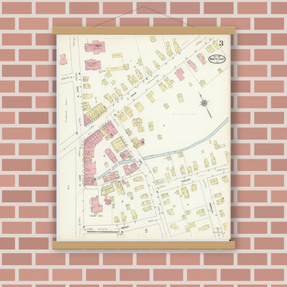 Old map wall art mockup — magnetic wood frame on brick wall — Sanborn Fire Insurance Map from North East, Erie County, Pennsylvania (1912), Sheet #0003