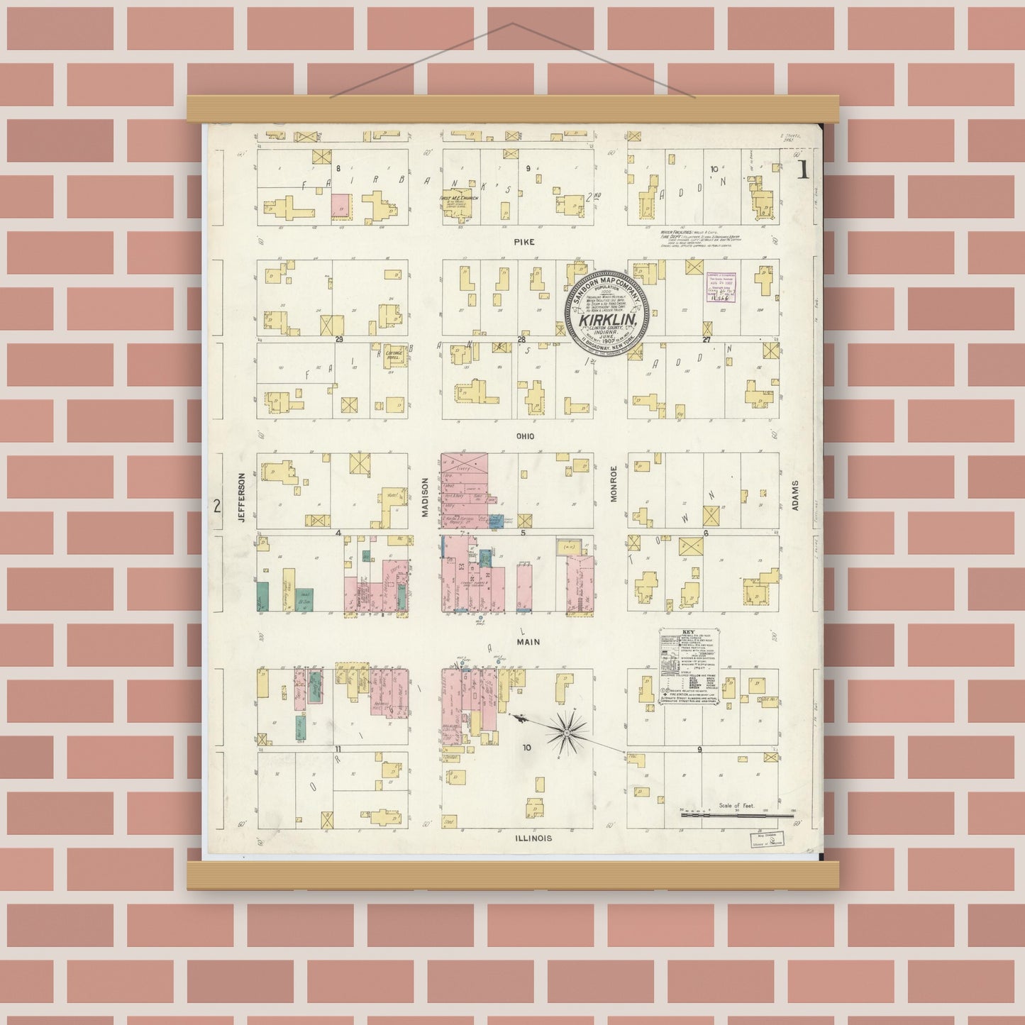 Old map wall art mockup — magnetic wood frame on brick wall — Sanborn Fire Insurance Map from Kirklin, Clinton County, Indiana (1907) - Complete Map Set
