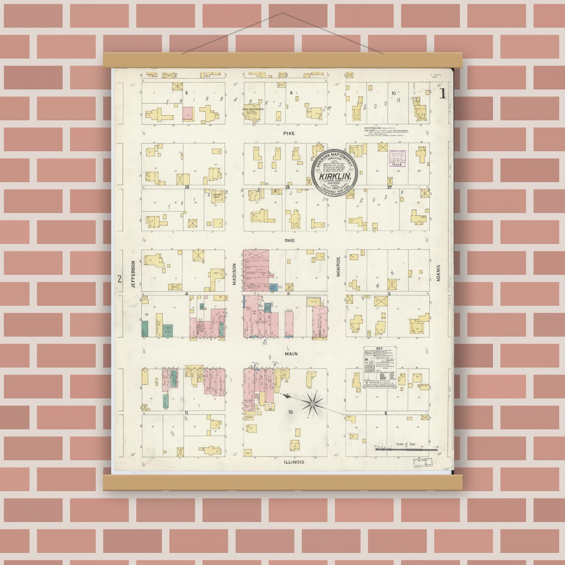 Old map wall art mockup — magnetic wood frame on brick wall — Sanborn Fire Insurance Map from Kirklin, Clinton County, Indiana (1907) - Complete Map Set