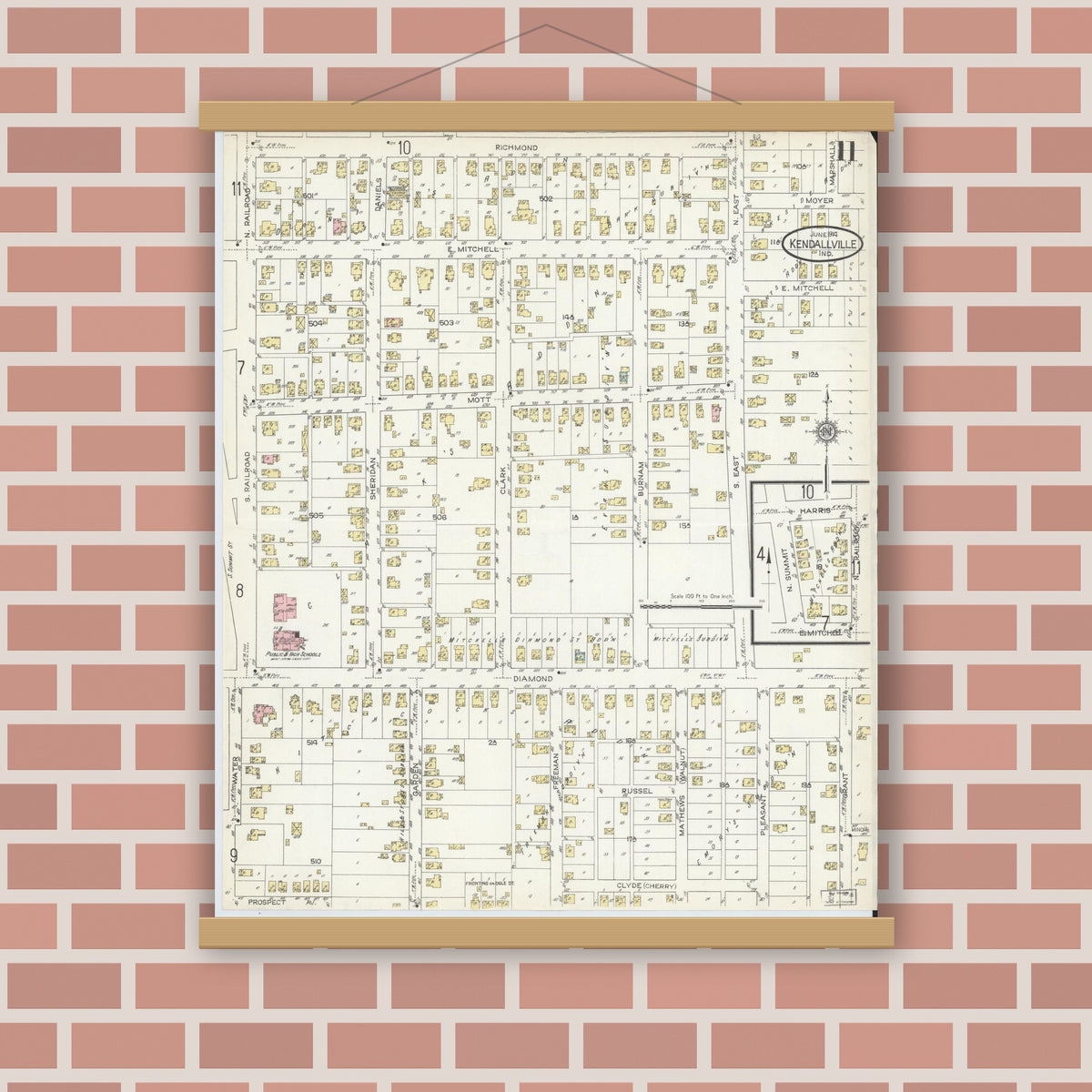 Old map wall art mockup — magnetic wood frame on brick wall — Sanborn Fire Insurance Map from Kendallville, Noble County, Indiana (1914), Sheet #0011