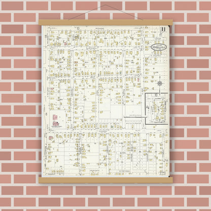 Old map wall art mockup — magnetic wood frame on brick wall — Sanborn Fire Insurance Map from Kendallville, Noble County, Indiana (1914), Sheet #0011