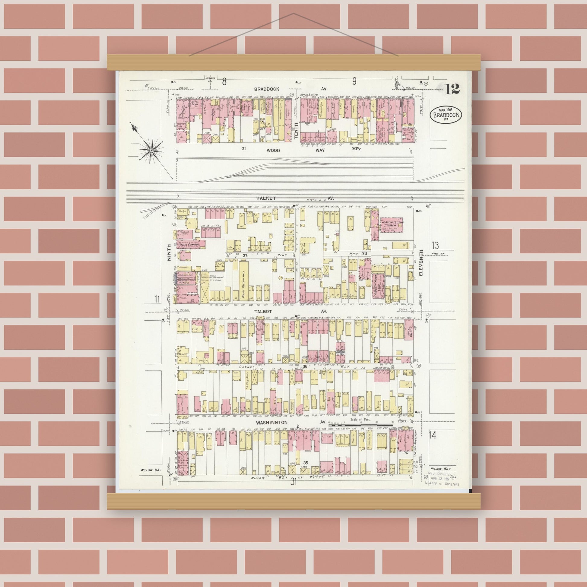 Old map wall art mockup — magnetic wood frame on brick wall — Sanborn Fire Insurance Map from Braddock, Allegheny County, Pennsylvania (1908), Sheet #0012