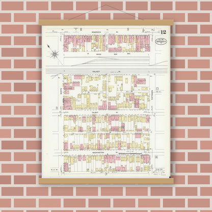 Old map wall art mockup — magnetic wood frame on brick wall — Sanborn Fire Insurance Map from Braddock, Allegheny County, Pennsylvania (1908), Sheet #0012