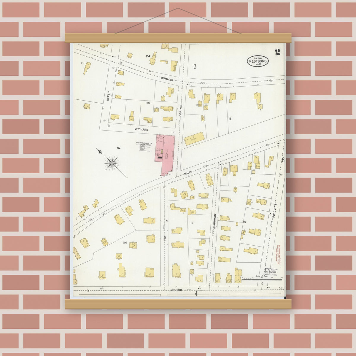 Old map wall art mockup — magnetic wood frame on brick wall — Sanborn Fire Insurance Map from Westboro, Worcester County, Massachusetts (1904), Sheet #0002