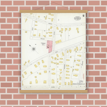 Old map wall art mockup — magnetic wood frame on brick wall — Sanborn Fire Insurance Map from Westboro, Worcester County, Massachusetts (1904), Sheet #0002