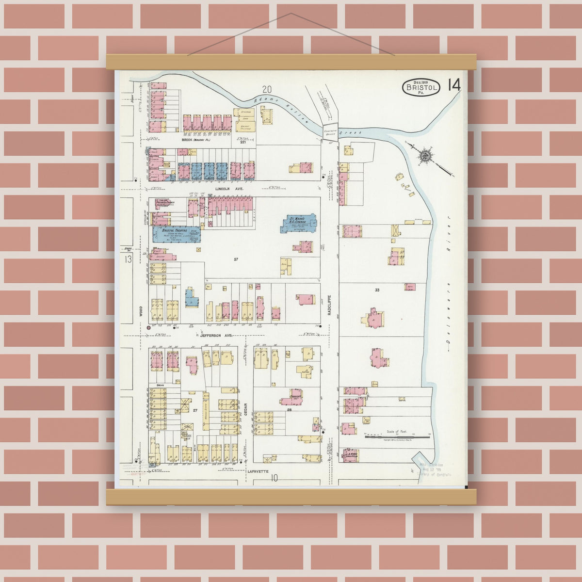 Old map wall art mockup — magnetic wood frame on brick wall — Sanborn Fire Insurance Map from Bristol, Bucks County, Pennsylvania (1927), Sheet #0014