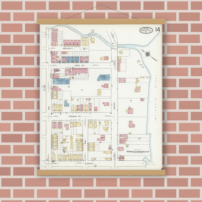 Old map wall art mockup — magnetic wood frame on brick wall — Sanborn Fire Insurance Map from Bristol, Bucks County, Pennsylvania (1927), Sheet #0014