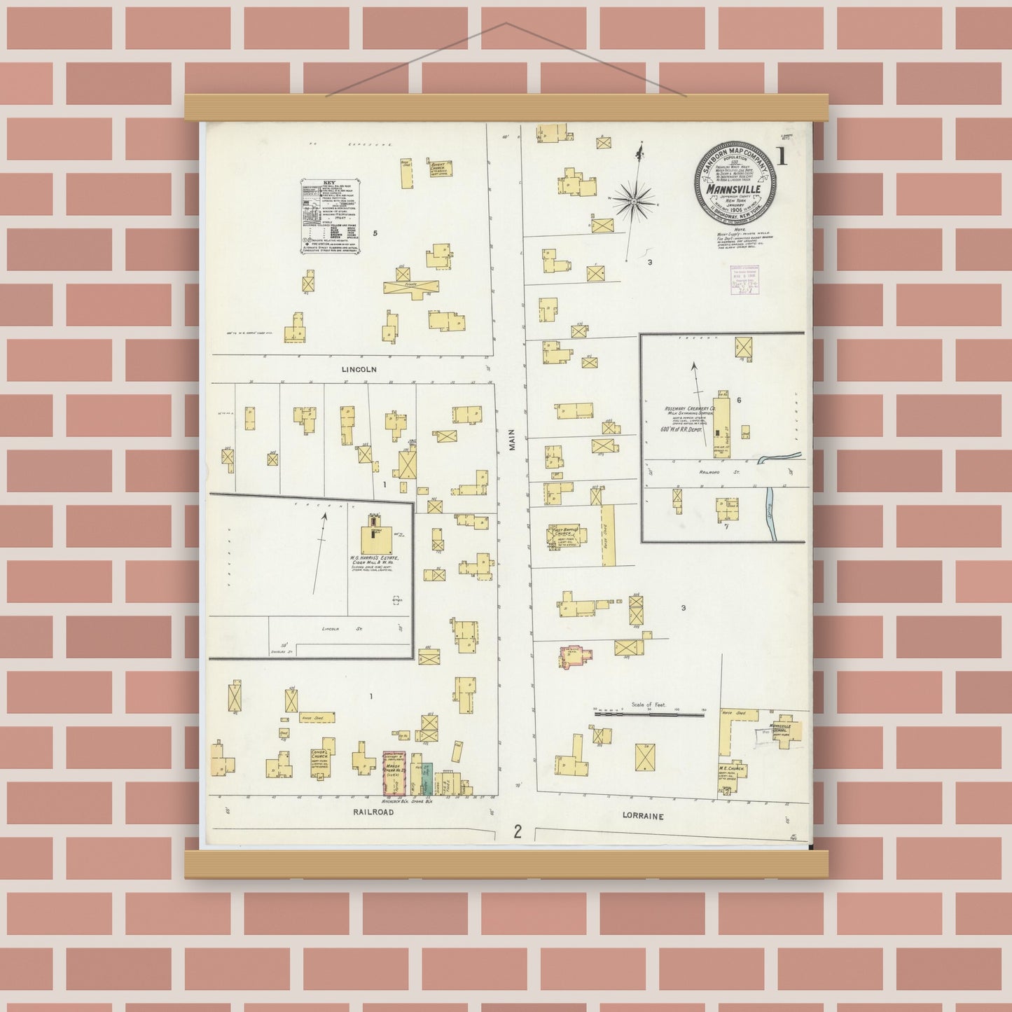 Old map wall art mockup — magnetic wood frame on brick wall — Sanborn Fire Insurance Map from Mannsville, Jefferson County, New York (1906), Sheet #0001