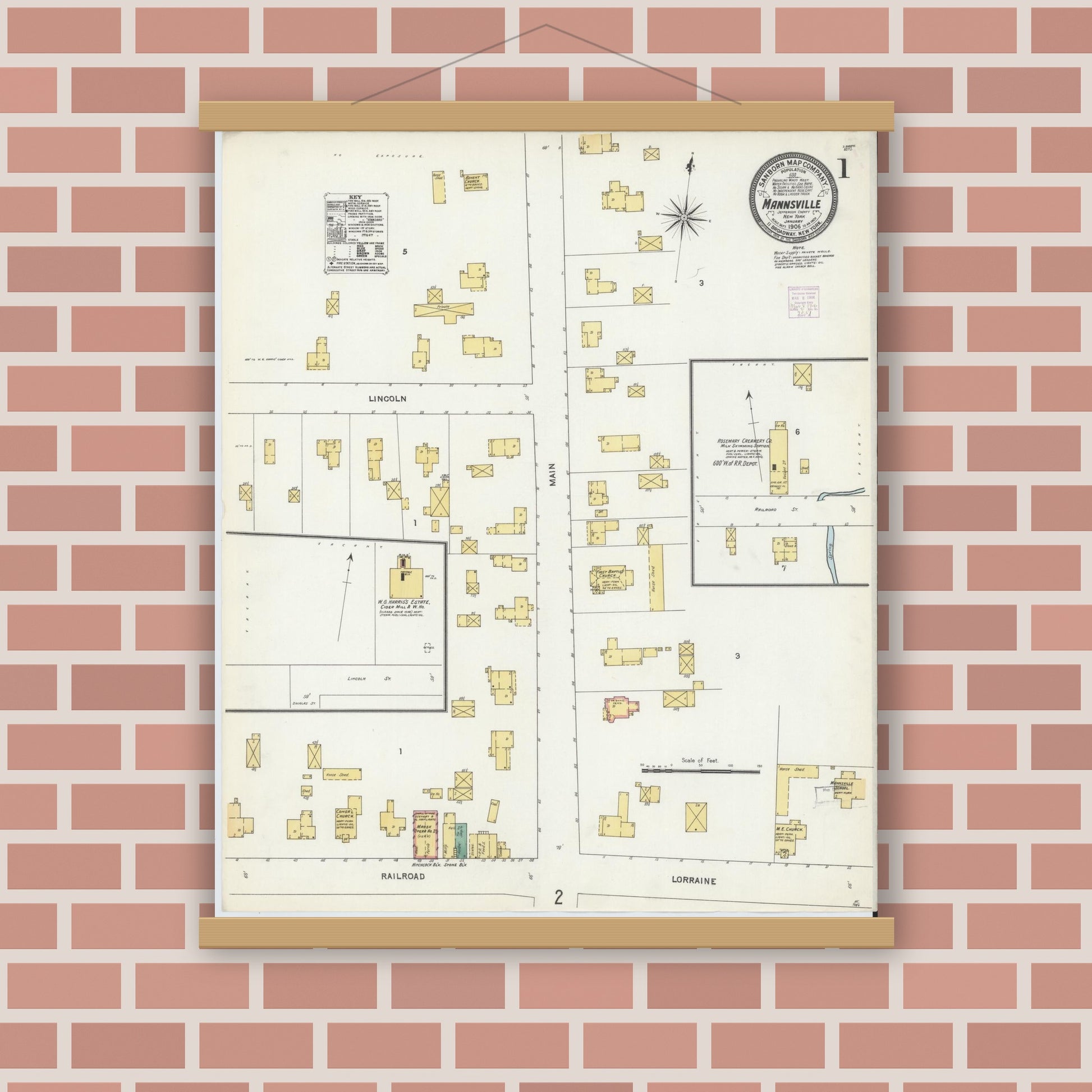 Old map wall art mockup — magnetic wood frame on brick wall — Sanborn Fire Insurance Map from Mannsville, Jefferson County, New York (1906), Sheet #0001