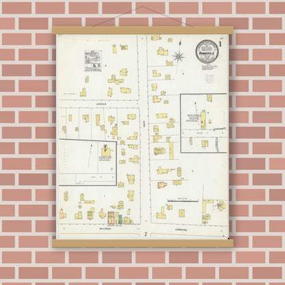 Old map wall art mockup — magnetic wood frame on brick wall — Sanborn Fire Insurance Map from Mannsville, Jefferson County, New York (1906), Sheet #0001