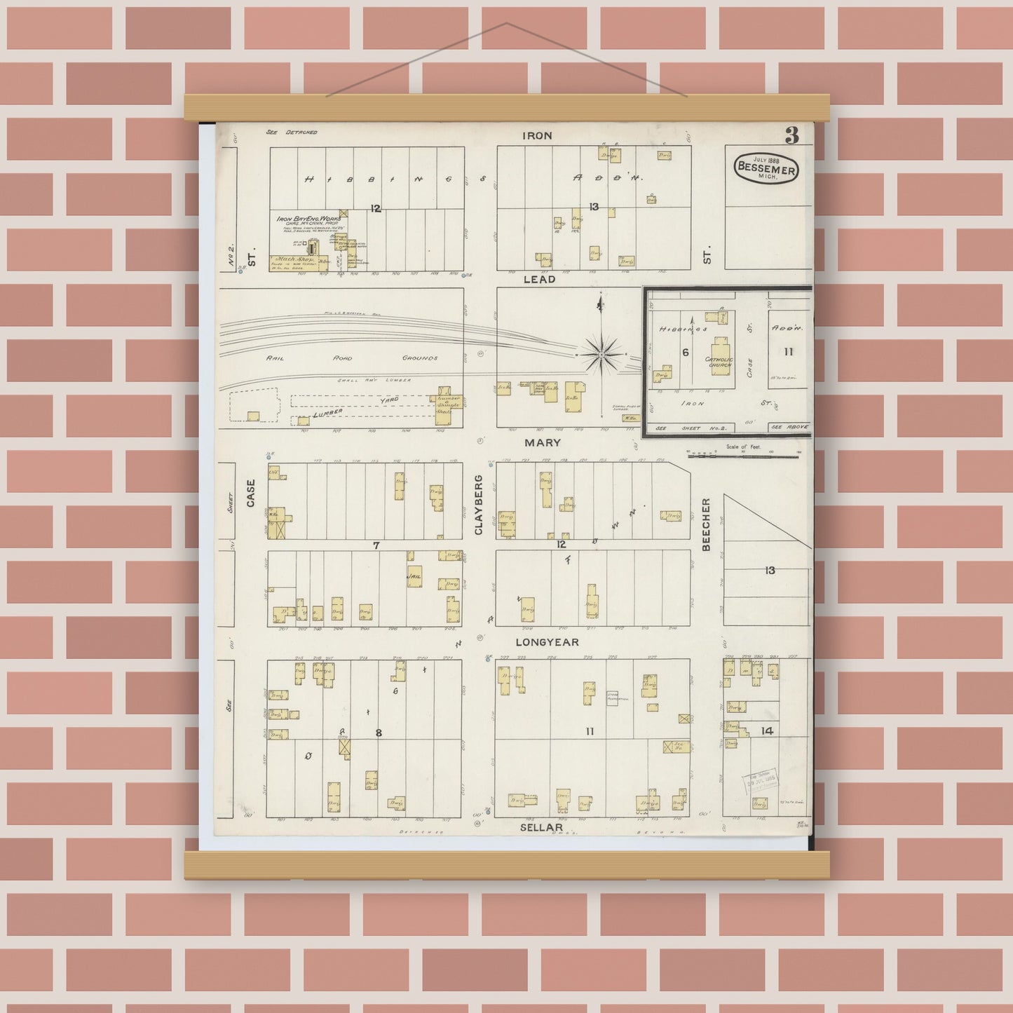 Old map wall art mockup — magnetic wood frame on brick wall — Sanborn Fire Insurance Map from Bessemer, Gogebic County, Michigan (1888), Sheet #0003