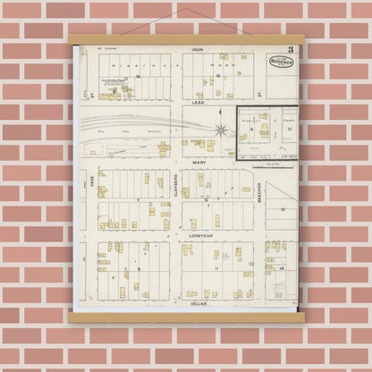 Old map wall art mockup — magnetic wood frame on brick wall — Sanborn Fire Insurance Map from Bessemer, Gogebic County, Michigan (1888), Sheet #0003