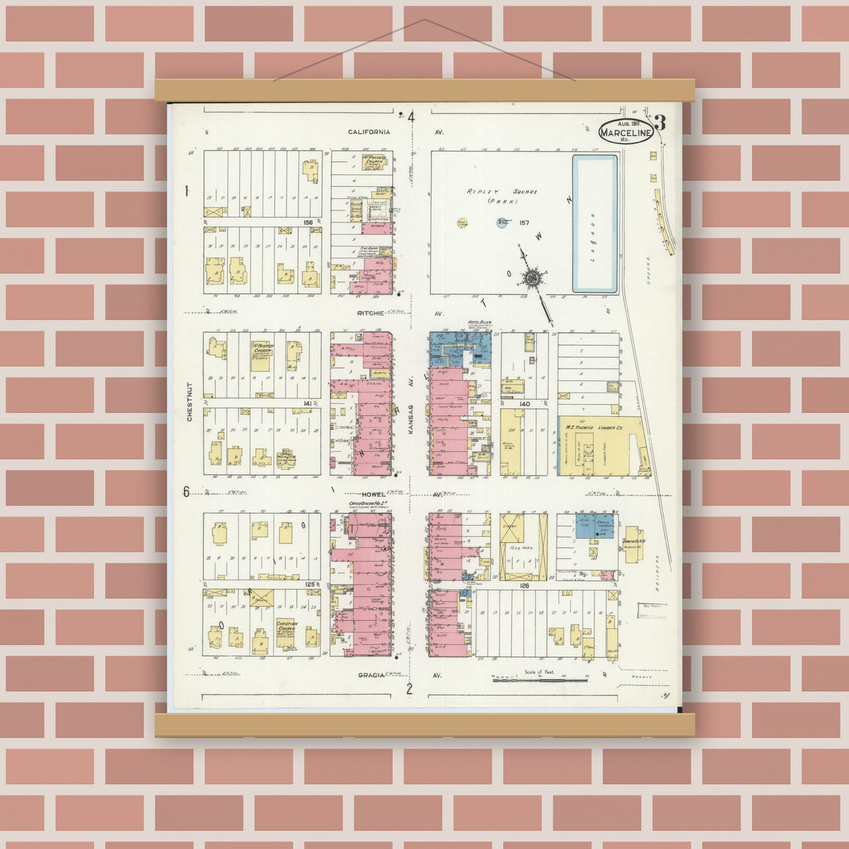 Old map wall art mockup — magnetic wood frame on brick wall — Sanborn Fire Insurance Map from Marceline, Linn County, Missouri (1911), Sheet #0003