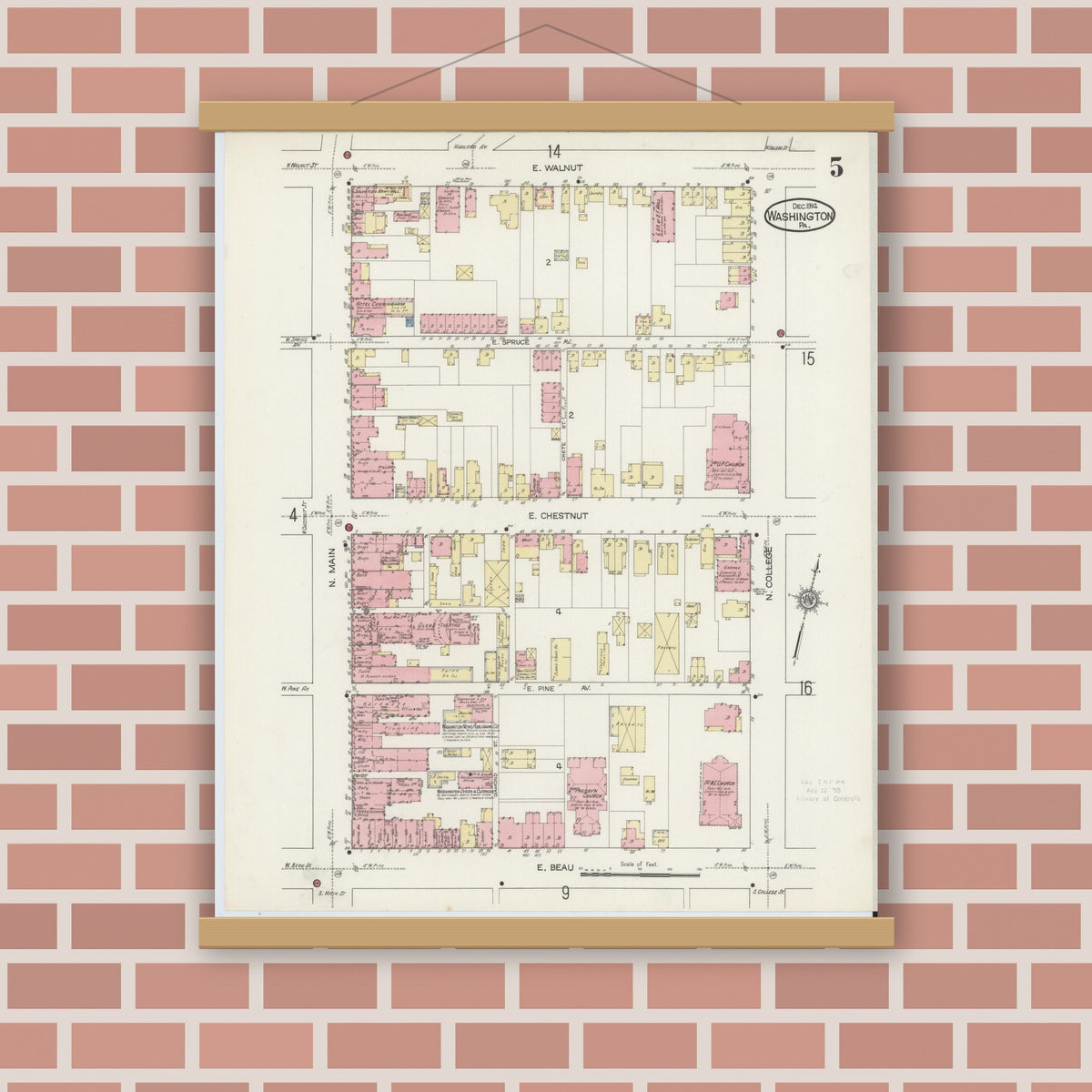 Old map wall art mockup — magnetic wood frame on brick wall — Sanborn Fire Insurance Map from Washington, Washington County, Pennsylvania (1914), Sheet #0005