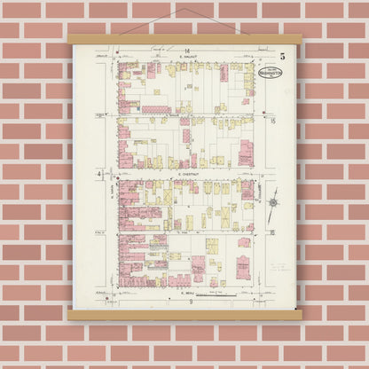 Old map wall art mockup — magnetic wood frame on brick wall — Sanborn Fire Insurance Map from Washington, Washington County, Pennsylvania (1914), Sheet #0005