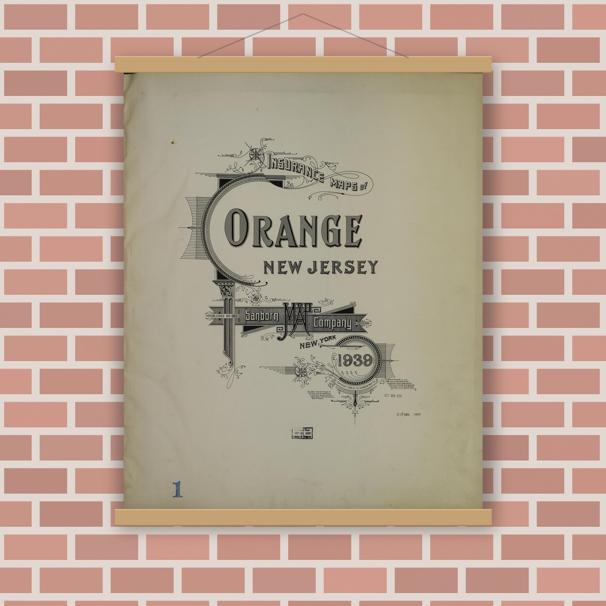 Old map wall art mockup — magnetic wood frame on brick wall — Sanborn Fire Insurance Map from Orange, Essex County, New Jersey (1939), Sheet #0001