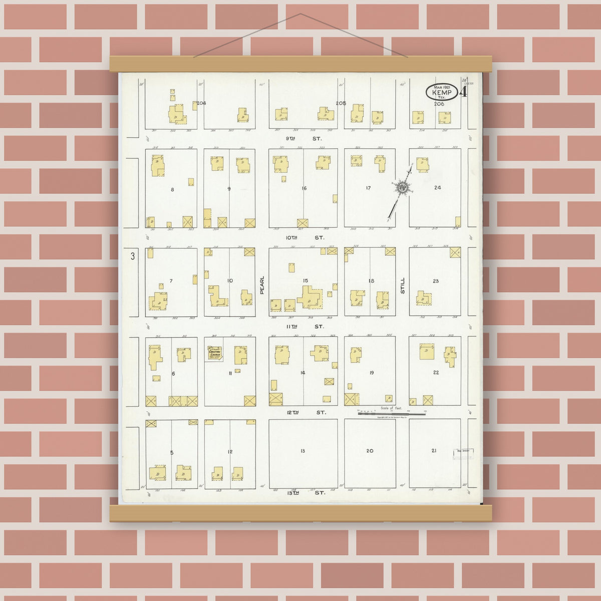 Old map wall art mockup — magnetic wood frame on brick wall — Sanborn Fire Insurance Map from Kemp, Kaufman County, Texas (1921), Sheet #0004