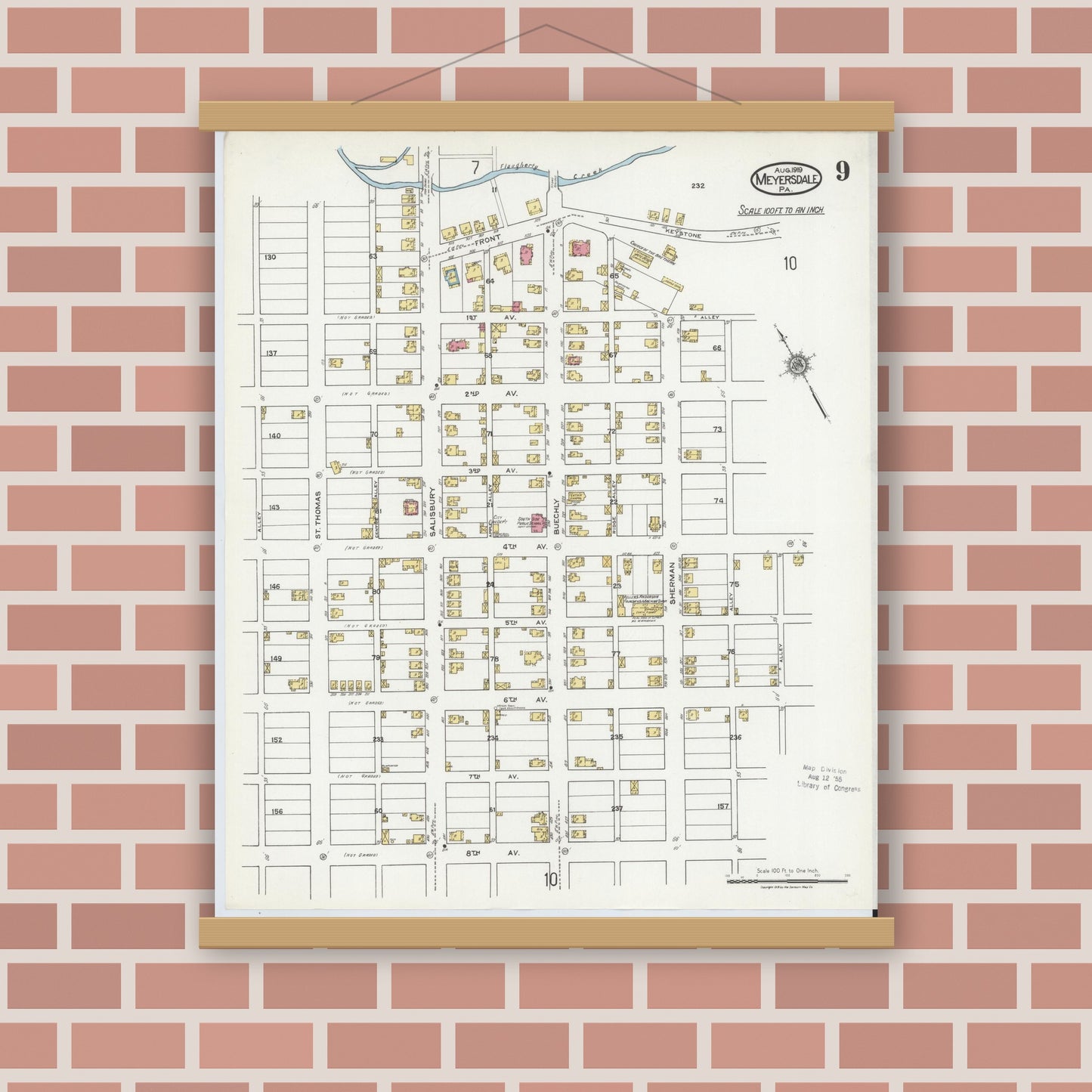 Old map wall art mockup — magnetic wood frame on brick wall — Sanborn Fire Insurance Map from Meyersdale, Somerset County, Pennsylvania (1919), Sheet #0009
