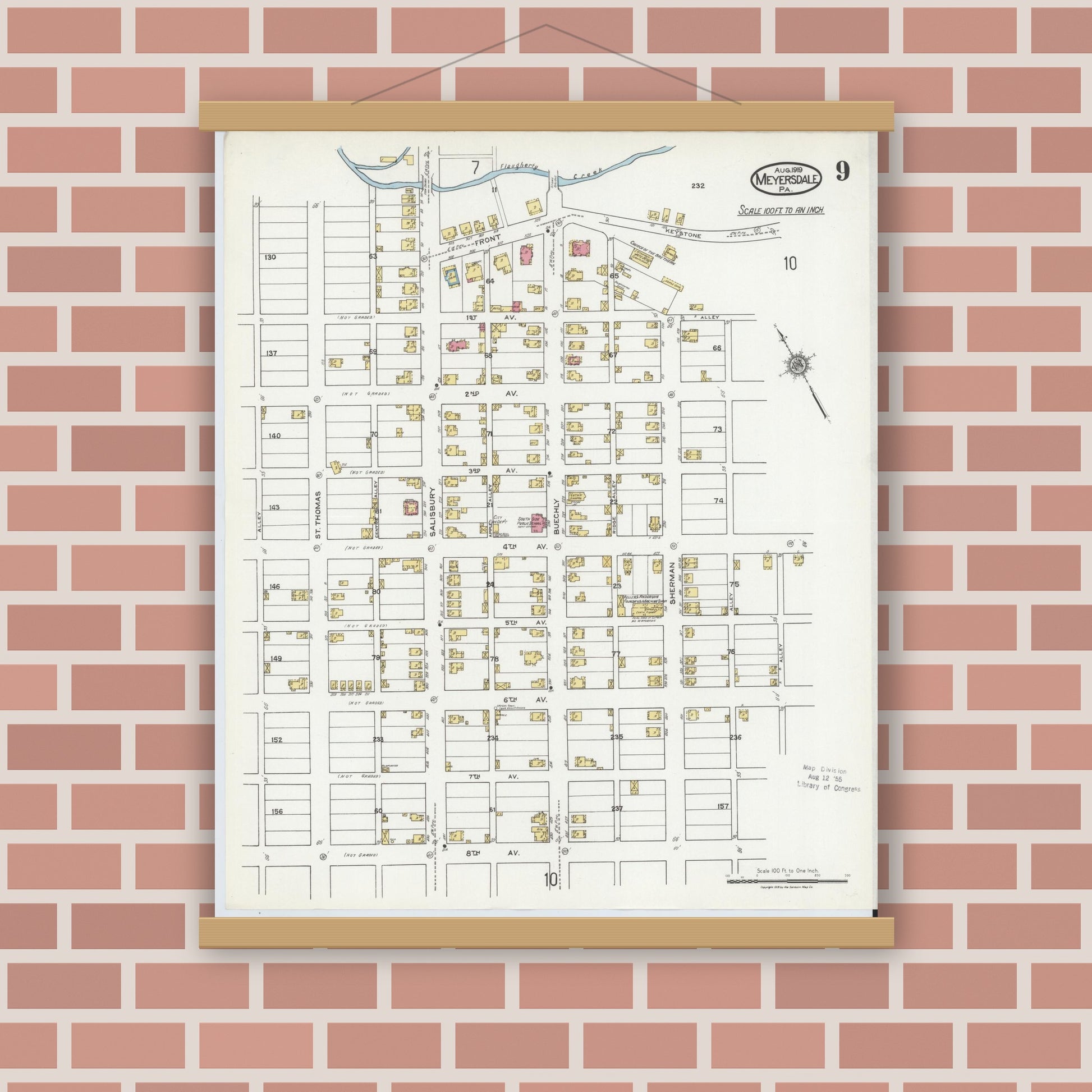 Old map wall art mockup — magnetic wood frame on brick wall — Sanborn Fire Insurance Map from Meyersdale, Somerset County, Pennsylvania (1919), Sheet #0009