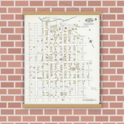 Old map wall art mockup — magnetic wood frame on brick wall — Sanborn Fire Insurance Map from Meyersdale, Somerset County, Pennsylvania (1919), Sheet #0009