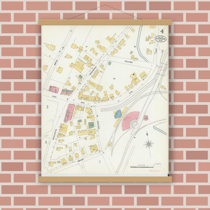 Old map wall art mockup — magnetic wood frame on brick wall — Sanborn Fire Insurance Map from Dedham, Norfolk County, Massachusetts (1903), Sheet #0004