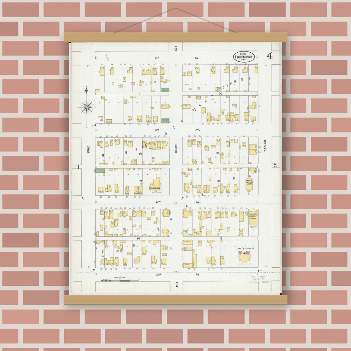 Old map wall art mockup — magnetic wood frame on brick wall — Sanborn Fire Insurance Map from Two Harbors, Lake County, Minnesota (1901), Sheet #0004