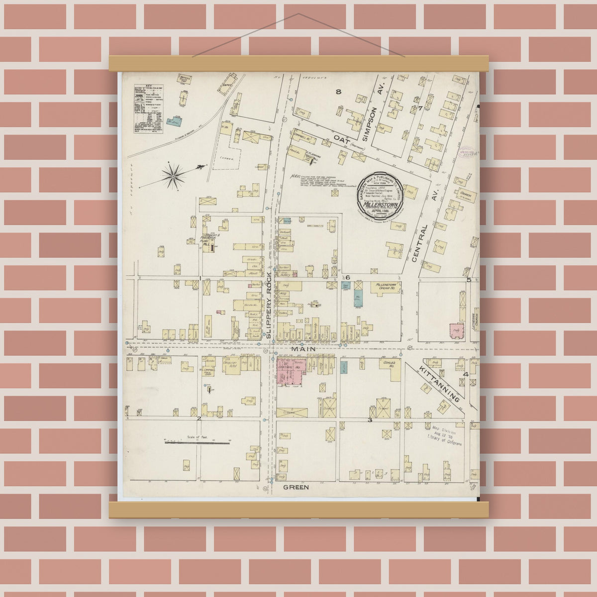 Old map wall art mockup — magnetic wood frame on brick wall — Sanborn Fire Insurance Map from Millerstown, Butler County, Pennsylvania (1886), Sheet #0001