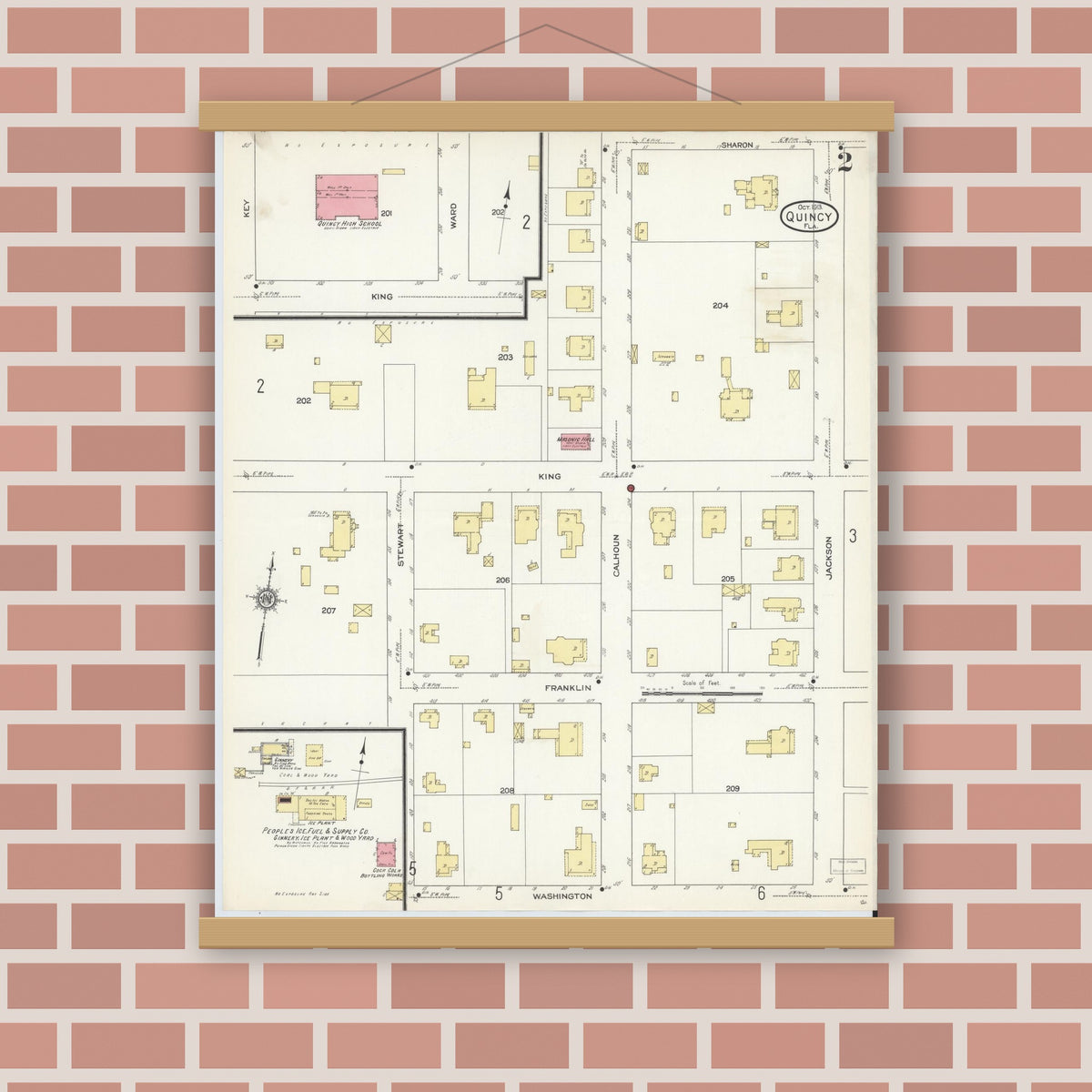 Old map wall art mockup — magnetic wood frame on brick wall — Sanborn Fire Insurance Map from Quincy, Gadsden County, Florida (1913), Sheet #0002