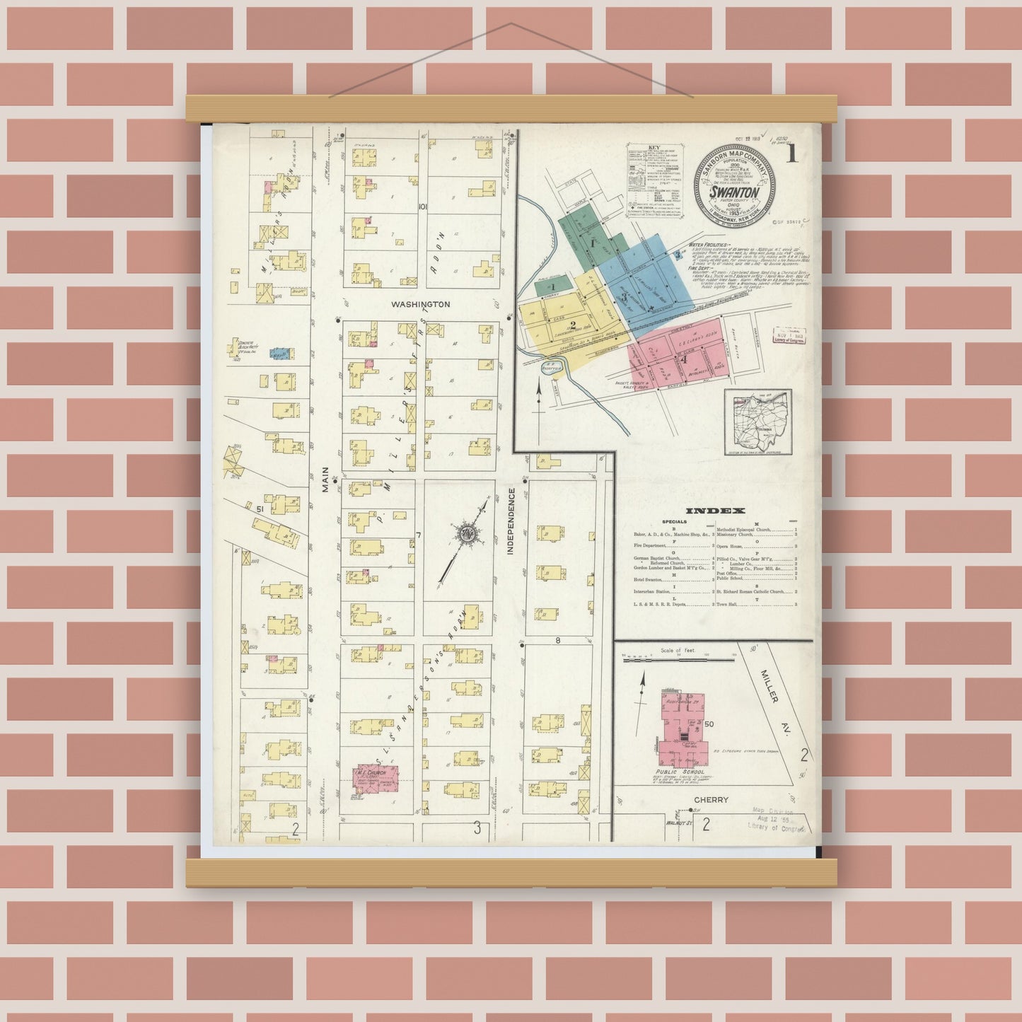 Old map wall art mockup — magnetic wood frame on brick wall — Sanborn Fire Insurance Map from Swanton, Fulton County, Ohio (1913), Sheet #0001