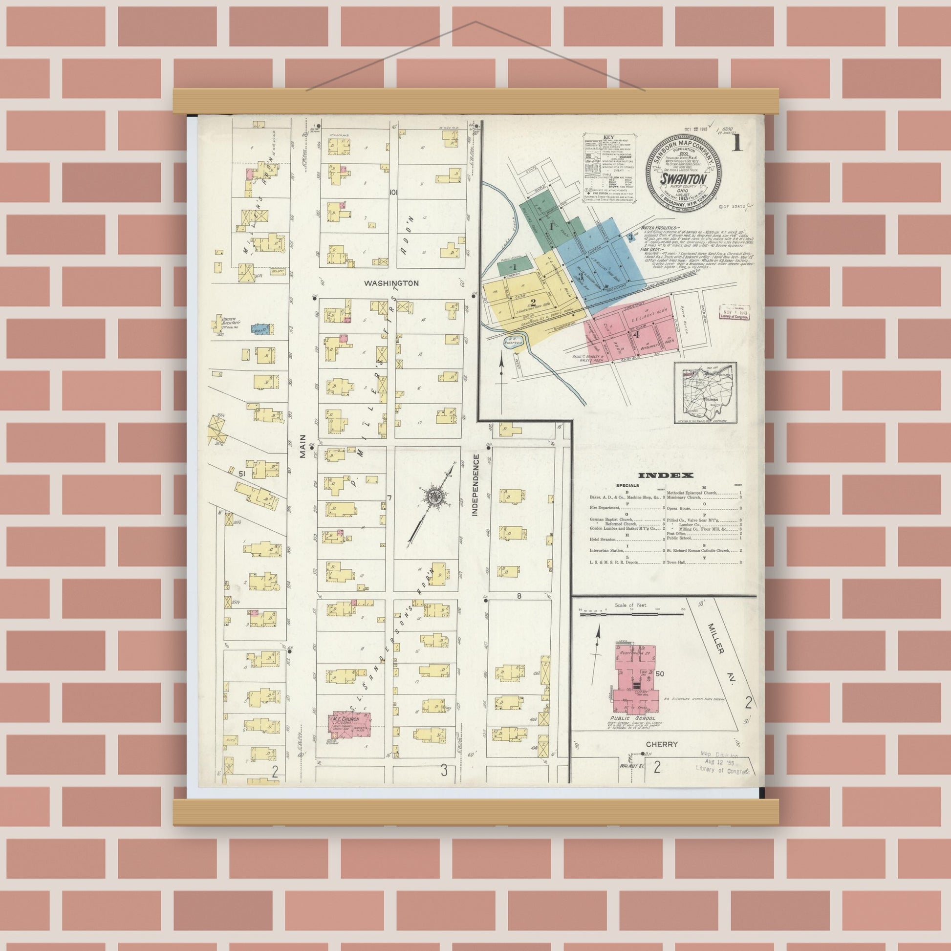 Old map wall art mockup — magnetic wood frame on brick wall — Sanborn Fire Insurance Map from Swanton, Fulton County, Ohio (1913), Sheet #0001