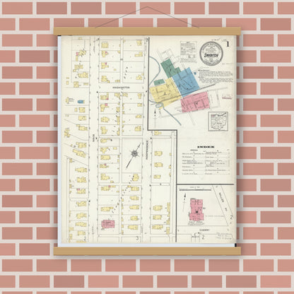 Old map wall art mockup — magnetic wood frame on brick wall — Sanborn Fire Insurance Map from Swanton, Fulton County, Ohio (1913), Sheet #0001