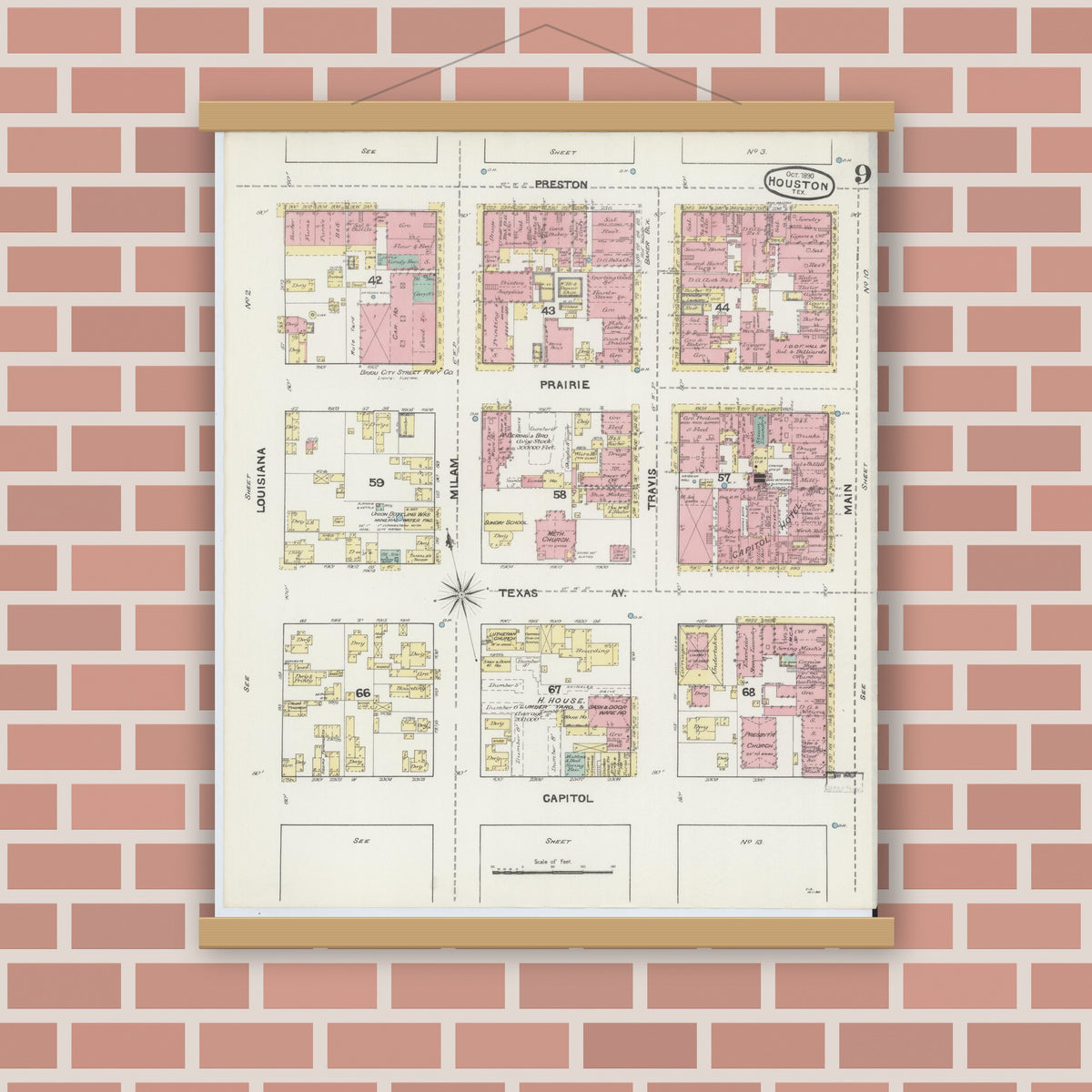Old map wall art mockup — magnetic wood frame on brick wall — Sanborn Fire Insurance Map from Houston, Harris County, Texas (1890), Sheet #0009