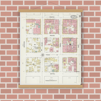 Old map wall art mockup — magnetic wood frame on brick wall — Sanborn Fire Insurance Map from Houston, Harris County, Texas (1890), Sheet #0009