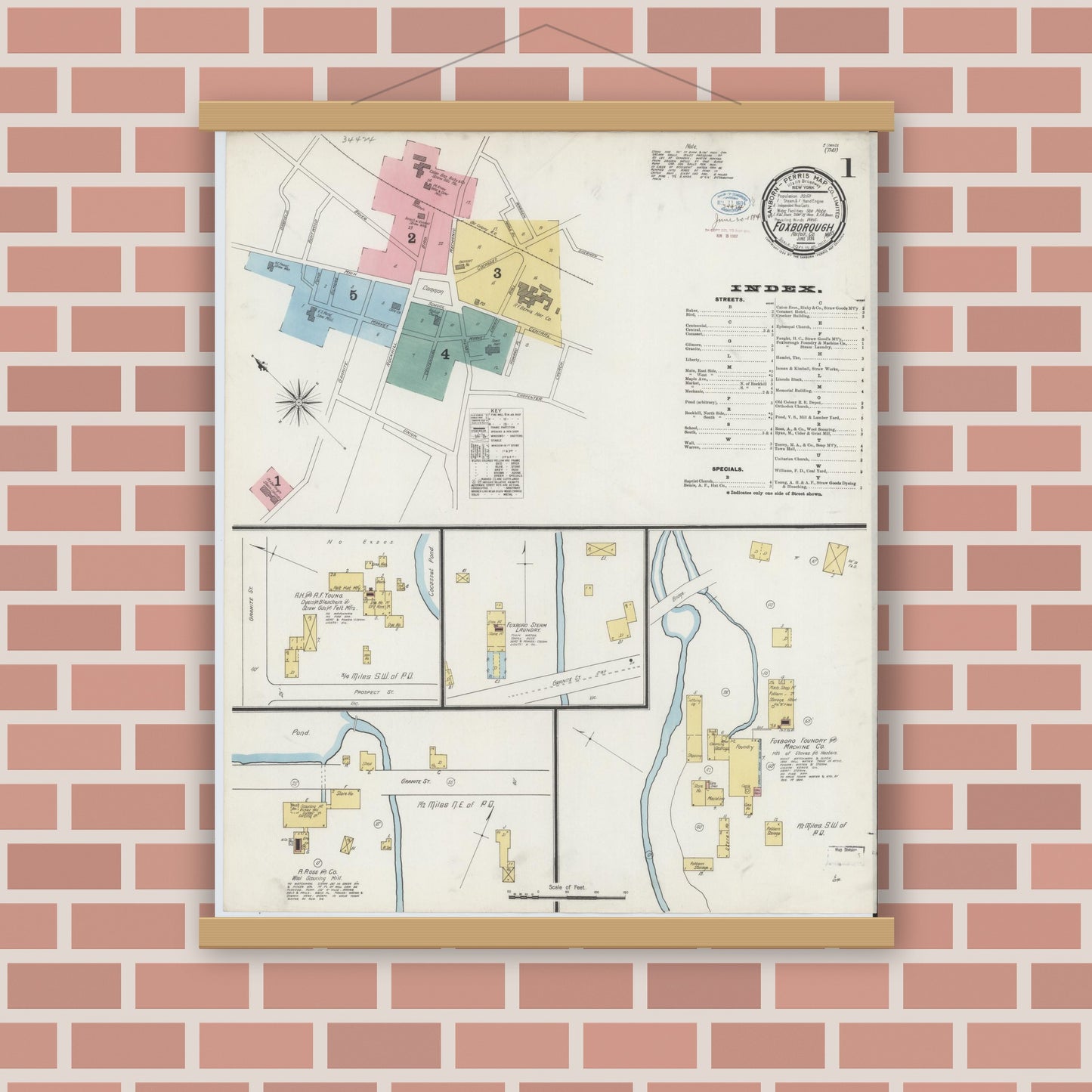 Old map wall art mockup — magnetic wood frame on brick wall — Sanborn Fire Insurance Map from Foxboro, Norfolk County, Massachusetts (1894) - Complete Map Set