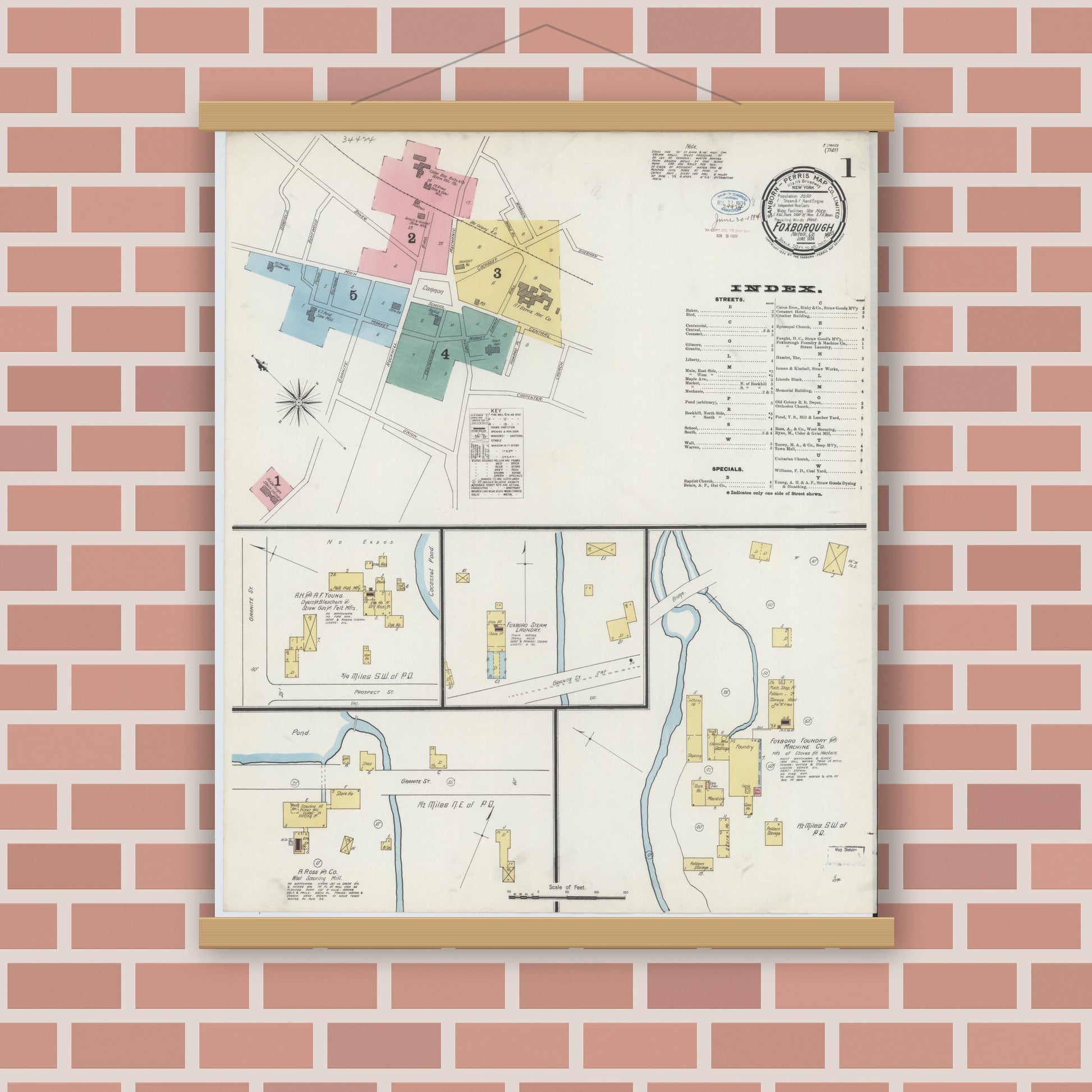 Old map wall art mockup — magnetic wood frame on brick wall — Sanborn Fire Insurance Map from Foxboro, Norfolk County, Massachusetts (1894) - Complete Map Set