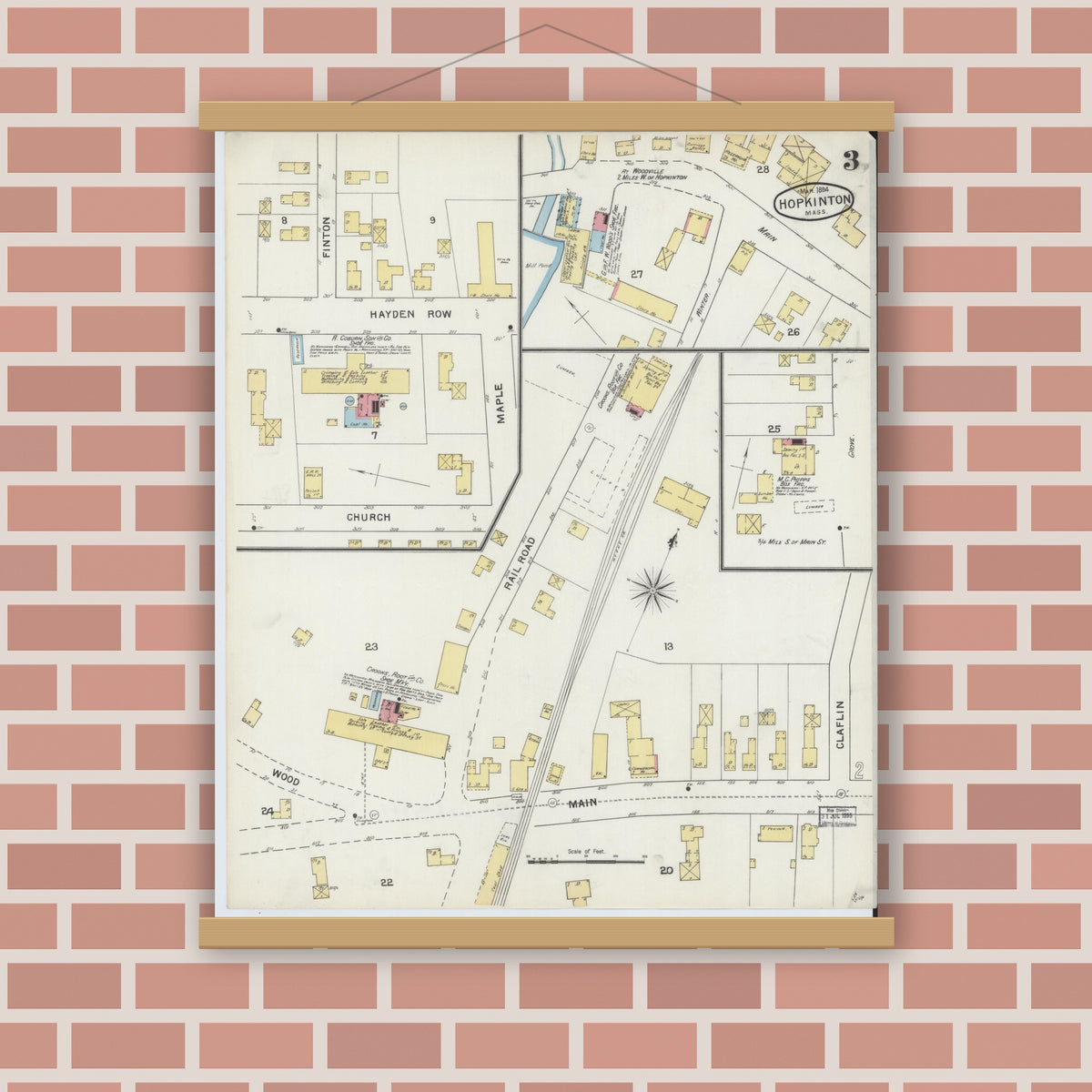 Old map wall art mockup — magnetic wood frame on brick wall — Sanborn Fire Insurance Map from Hopkinton, Middlesex County, Massachusetts (1894), Sheet #0003