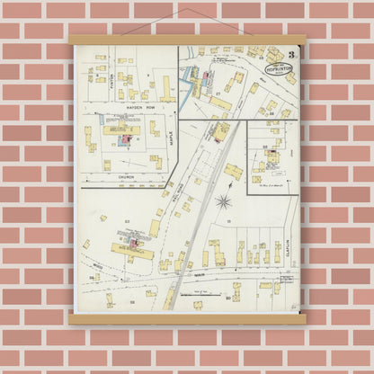 Old map wall art mockup — magnetic wood frame on brick wall — Sanborn Fire Insurance Map from Hopkinton, Middlesex County, Massachusetts (1894), Sheet #0003