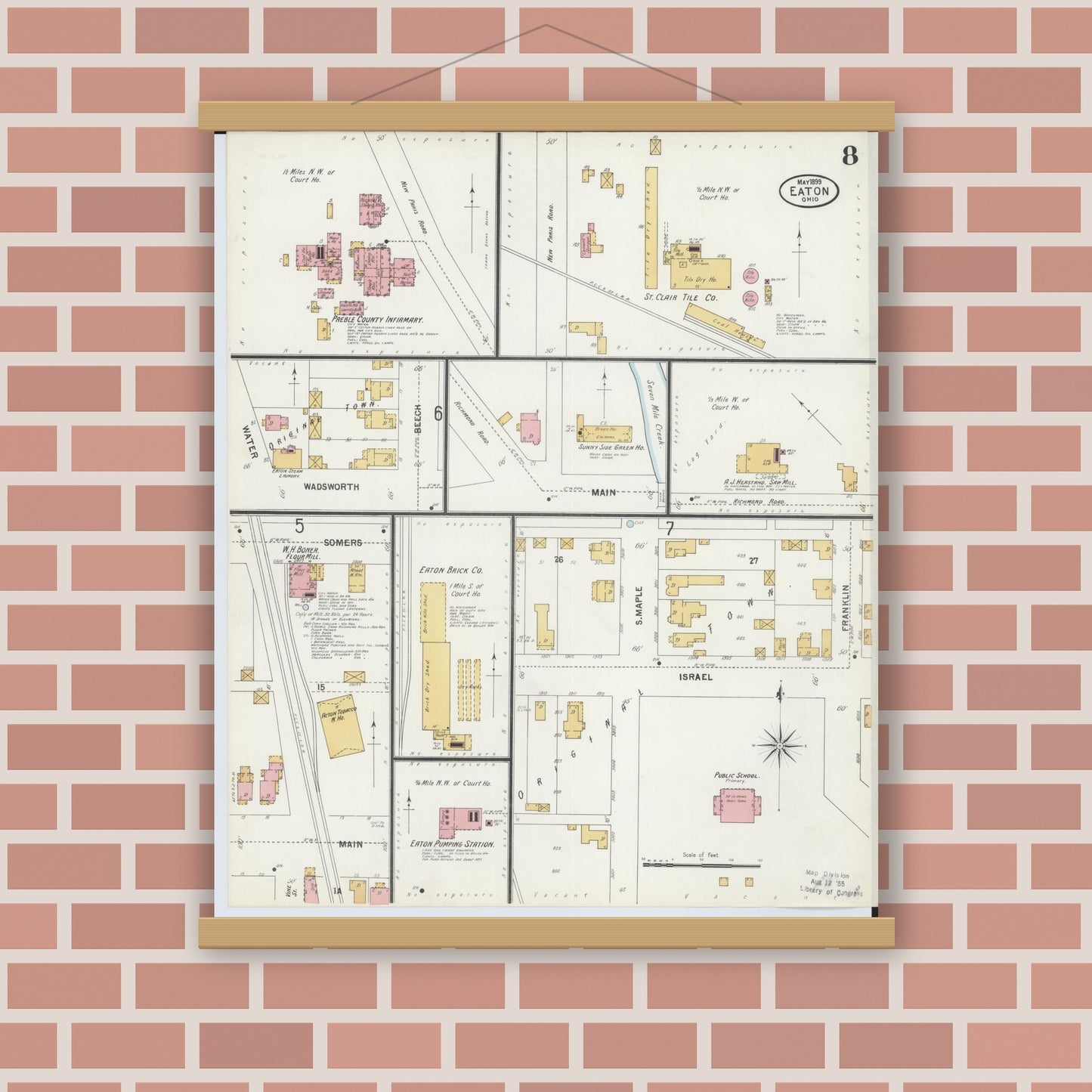 Old map wall art mockup — magnetic wood frame on brick wall — Sanborn Fire Insurance Map from Eaton, Preble County, Ohio (1899), Sheet #0008