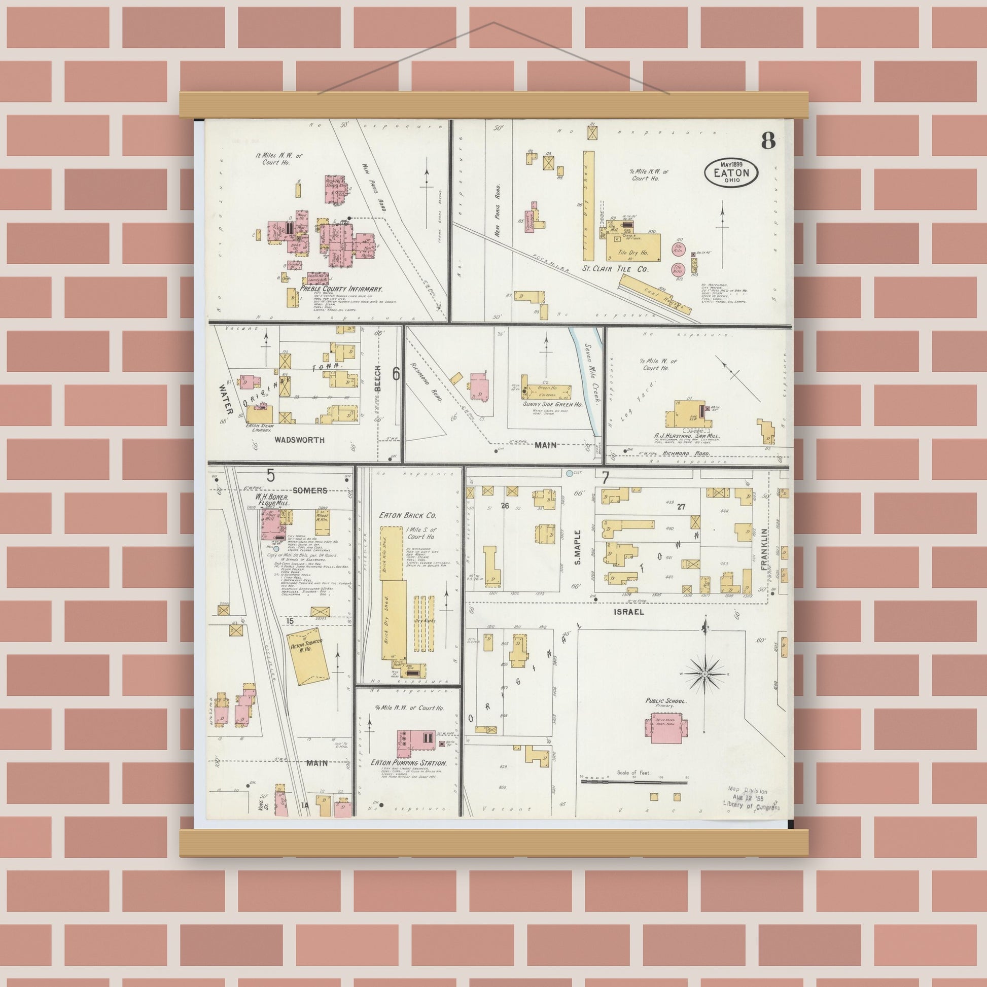 Old map wall art mockup — magnetic wood frame on brick wall — Sanborn Fire Insurance Map from Eaton, Preble County, Ohio (1899), Sheet #0008