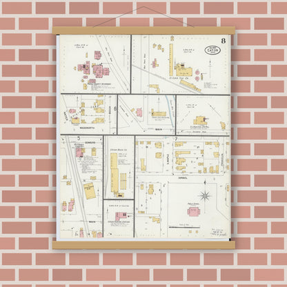 Old map wall art mockup — magnetic wood frame on brick wall — Sanborn Fire Insurance Map from Eaton, Preble County, Ohio (1899), Sheet #0008