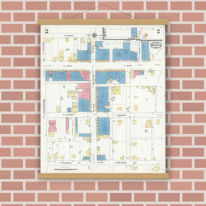 Old map wall art mockup — magnetic wood frame on brick wall — Sanborn Fire Insurance Map from Winters, Runnels County, Texas (1925), Sheet #0002