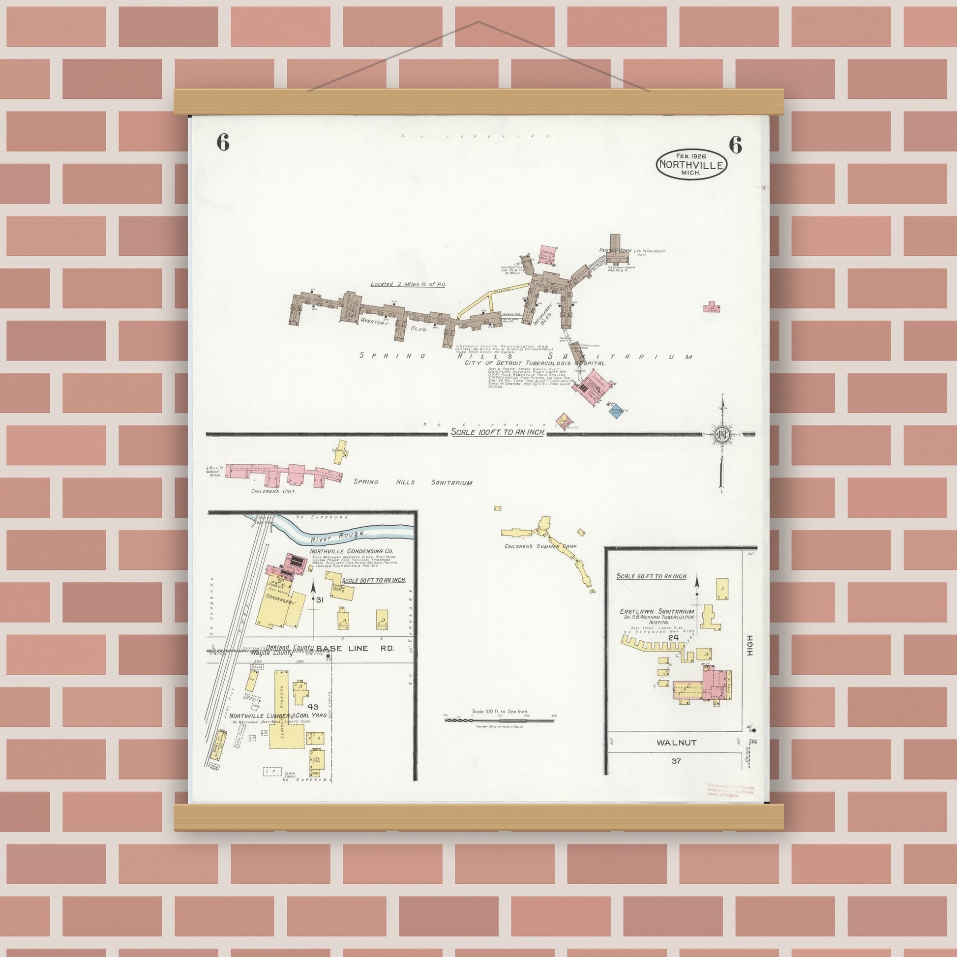 Old map wall art mockup — magnetic wood frame on brick wall — Sanborn Fire Insurance Map from Northville, Wayne County, Michigan (1926), Sheet #0006